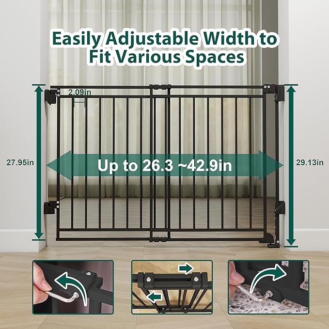 Miumoon 29-45" No Bottom Bar Baby Gate for Stairs, 2-in-1 Auto Close Dog Gate Indoor with Large Walk Thru Door, Hardware Mount Pet Gate for Top and Bottom Stairs (Black, 26.5-43" W x 29" H)
