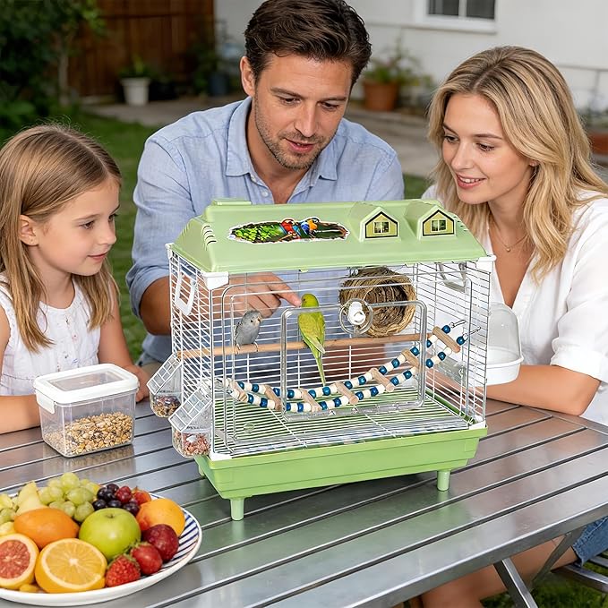 Parakeet Bird Cage, Clear Portable Cockatiel Carrier, Medium Bird with Wooden Perch, Acrylic Lightweight with Removable Tray, Pet with Travel Handle, Indoor Cage for Conures Macaws