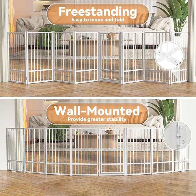SNUOWU Full Metal Freestanding Dog Gate with Door, 36''Height Foldable Pet Dog Fence for Indoor & Outdoor, 8 Panels Extra Wide Free Standing TallDog Gates for Doorways,House,Stairs,Porch,Deck,Yard