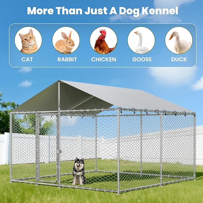 10x10 FT Outdoor Dog Kennel with Waterproof Roof - Heavy Duty Metal Exercise Pen, Weatherproof UV-Resistant Cover & Secure Locking for Large Dogs（124 x 124 x 87IN）