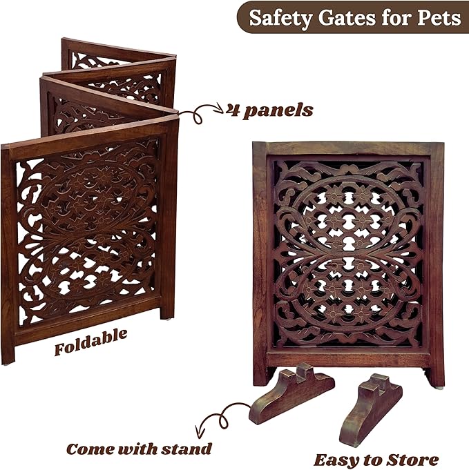 Lightnpro Foldable Carved Wooden Dog Gate with Stopper - Freestanding Indoor Pet Barrier for Home, Adjustable Dog Fence for Stairs, Doorways & Hallways - 24x18 Inch (4 Panels) Natural Burnt