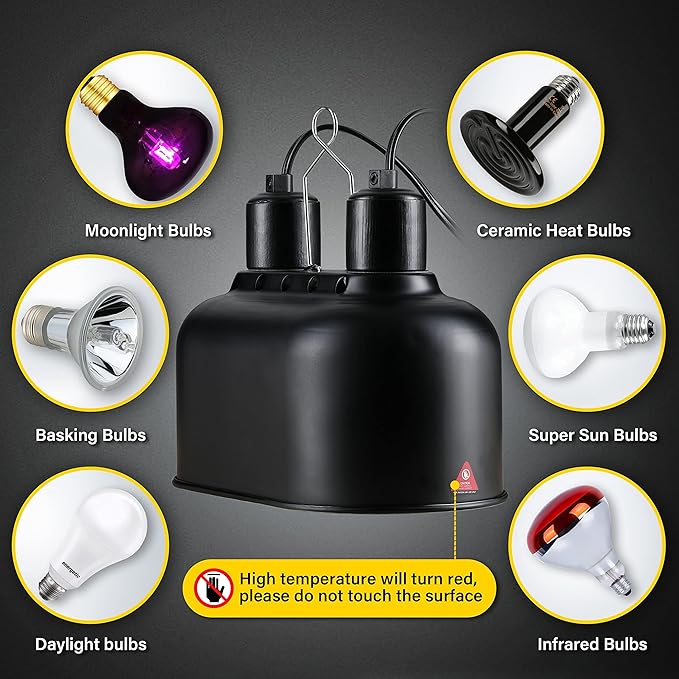 Simple Deluxe Dual Reptile Light Fixture with Separate Switches, Aluminum Reflector 100W Double Dome Heat/UVB Lamp, for Small Animal Terrarium and Tortoise Habitat