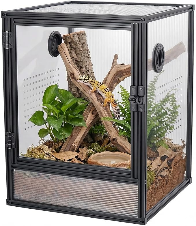 30 Gallon 18x18x24 Tall Terrarium, Aluminum Frame Gecko Tank with Clear Ventilated PC Panels, Mesh Top, Locking Door for Crested Gecko Chameleon