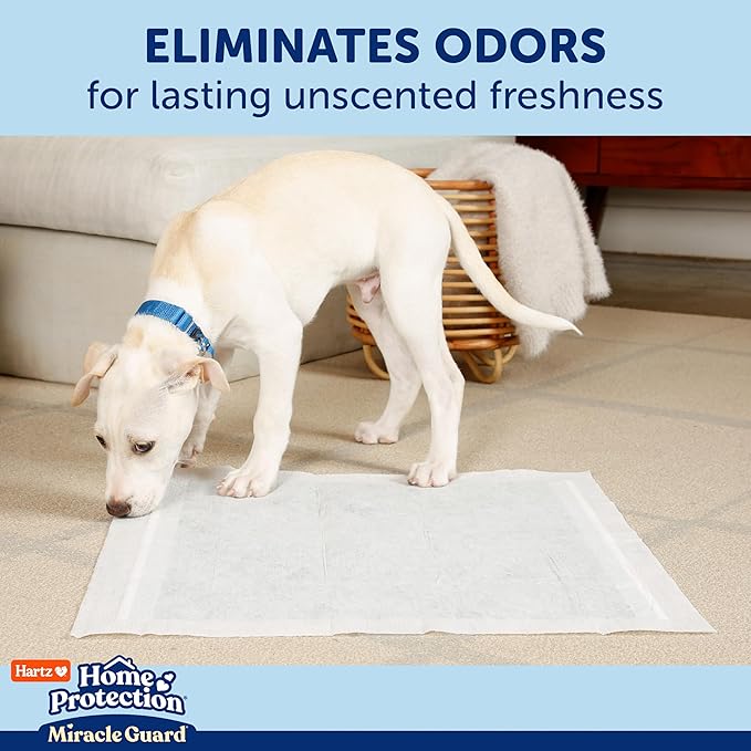 Hartz Miracle Guard Dog and Puppy Dog Pads Max Absorbency 24 Hour Use Odor Eliminating No Leaks, Regular Size 50 Count