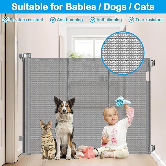 42 Inch High Retractable Baby Gates Extra Tall Retractable Pet Gate with Reinforced Strips 55 Inch Wide No Sag Mesh Baby Gate for Stairs Anti-Scratch Extra Tall Dog Gates for Doorways, Gray