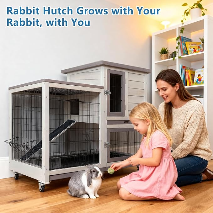 FunXplore Rabbit Hutch Indoor Outdoor Bunny Cage with Urine Guards 2 Storey Mobile Guinea Pig Cage Weatherproof Asphalt Roof Wire Bottom 2 Trays