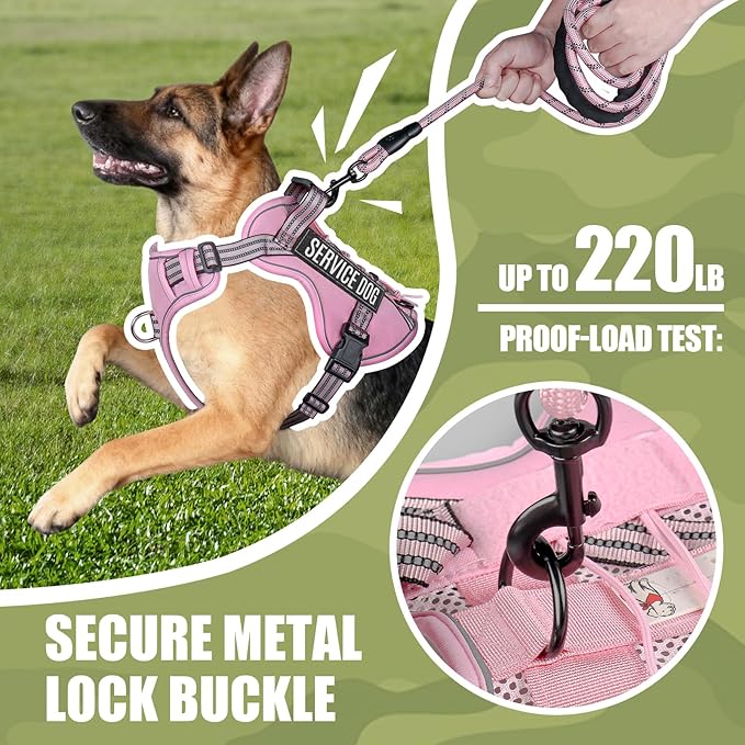 Service Dog Tactical Vest Harness and Leash Set Medium Sized Dog Emotional Support- Tactical Dog Harness Training Collar with Name (Pink, L)
