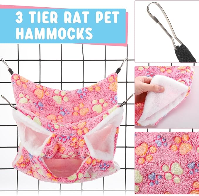 Sweetude 6 Pcs Rat Hammock Set Ferret Hanging Tunnel 3 Tier Guinea Pig Hammocks Hideout Soft Chinchilla Bed for Cage Accessories Hide,Play and Sleep(Dreamy,Paw)