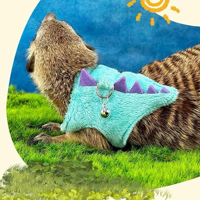 Bearded Dragon Harness and Leash Set - Soft Fleece Dinosaur Vest with Safe Bell Adjustable Lizard Traction Rope Escape Proof Outdoor Walking Training Leash for Ferret Rat Kitten Puppy (Blue)