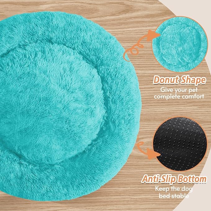 JOLLYVOGUE Calming Dog Beds Large Sized Dog, 36in Donut Washable Large Pet Bed, Anti-Slip & Anti-Anxiety Fluffy Faux Fur Round Dogs Bed, Fits up to 80 lbs Pets (Aqua Blue)