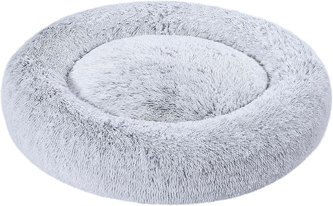 Amazon Basics Washable Donut Pet Bolster Faux Fur Bed with Removable Cover, Anti-Slip Bottom for Dog, Grey, 36" x 36"