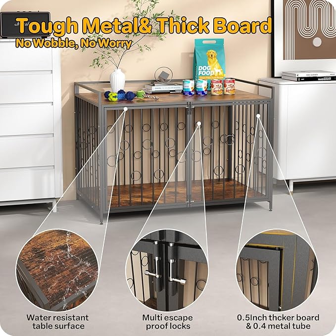 48 Inch XL Dog Crate Furniture for Extra Large Dogs, Heavy Duty Wooden Dog Kennel Table with Storage Shelf, Unique Modern Round Decorative Pet Crate End Table, Sturdy Indoor Dog House
