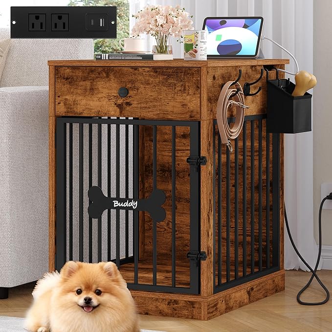 Hzuaneri 24.6'' Dog Crate Furniture with Charging Station, Dog Kennel Indoor with Flip-Top Storage, Wooden Pet Cage Dog House End Side Table for Small Dog Anti-Chew Anti-Escape, Rustic Brown DFC90101B