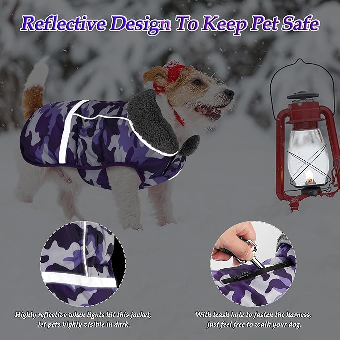 Dogcheer Warm Dog Coat, Waterproof Dog Jacket Christmas Puppy Winter Coat with Buckle, Reflective Adjustable Pet Snow Jacket Turtleneck Fleece Sweater for Small Medium Large Dogs - Camo Purple, XL