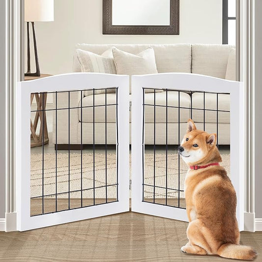 LZRS 2-Panel Freestanding Foldable Wood Dog Gate – Solid Wood & Steel Wire, Chew-Resistant Pet Barrier for Indoor Use, Ideal for Small to Medium Dogs, White