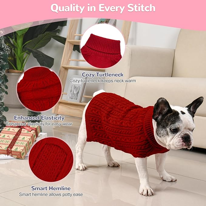 2 Pack Dog Sweaters for Medium Dogs Winter Turtleneck Pullover Cable Knit Fleece Stretch Frenchie Dachshund Pug Corgi Beagle Boy Girl Pet Clothes (L, Pink & Red)