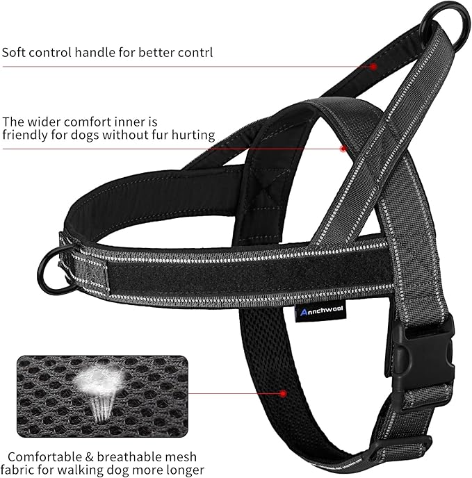 Annchwool No Pull Dog Harness with Padded Handle+5 Ft Leash,Reflective Strip Escape Proof and Quick Fit to Adjust Dog Harness,Easy for Training Walking for Small & Medium and Large Dogs(Black-Set,XL)