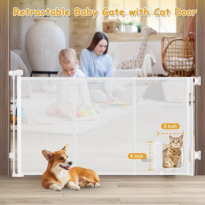 Reinforced 60” Wide Retractable Pet Gate with Cat Door Mesh Baby Gate for Stairs with Reinforced Strips Retractable Dog Gates with Cat Door Mesh Dog Gates for Doorways Separating Dogs from Cats, White