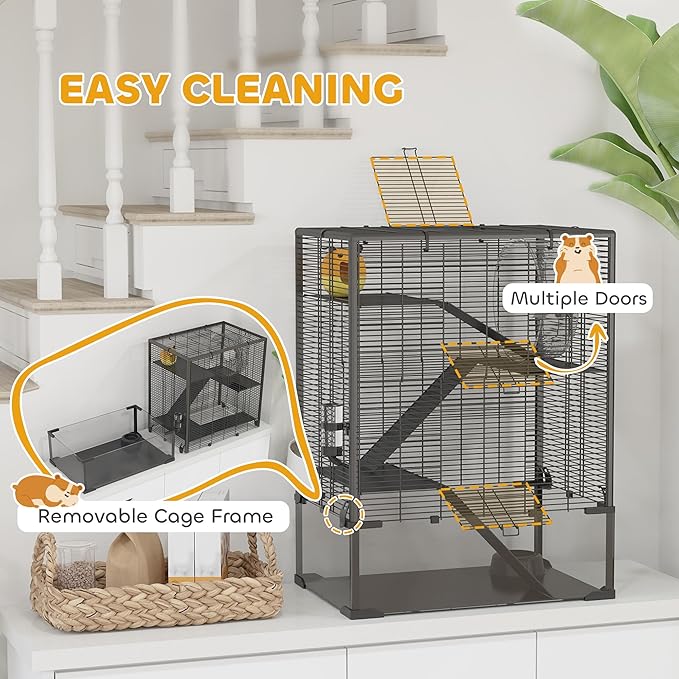 PawHut Large Hamster Cage with 9" Deep Tempered Glass Bottom, 4 Tiers Hamster Tank with Running Wheel, Hut, Water Bottle, Dish, Rat Cage for Syrian, Dwarf, Gerbils, Mouse, 24" x 16" x 31.5", Black