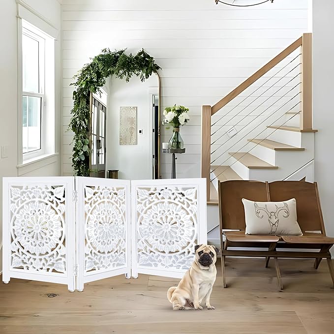 Lightnpro Wooden Dog Gate - Adjustable Freestanding Foldable Pet Safety Barrier for Indoor Use, Stylish Extra-Wide Fence for Dogs & Small Pets, Ideal for Stairs & Doorways - 24x54 Inch Antique White