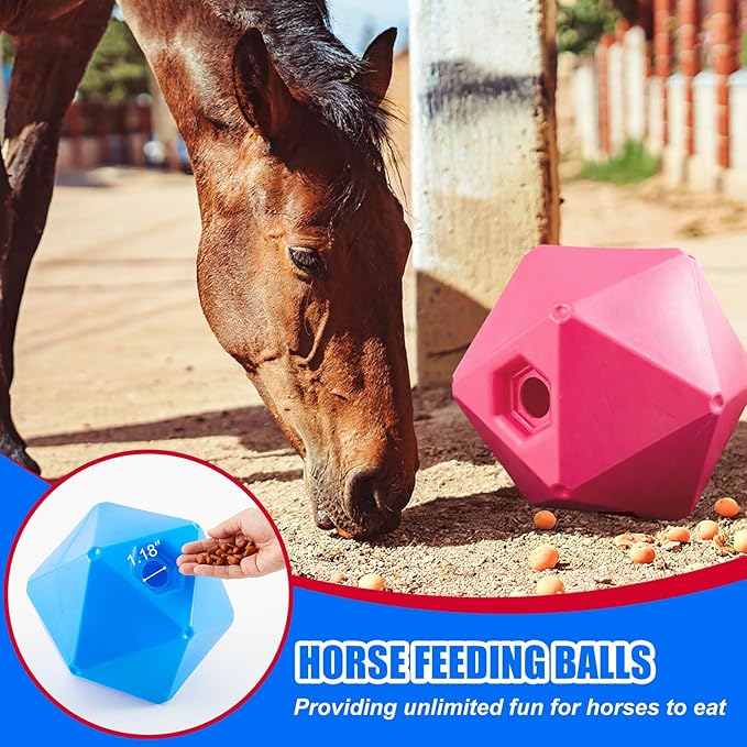 Horse Treat Ball, 9" Horse Ball Feeder Toy & Stress Reliever with 1.13 Inch Opening for Paddock, Slow Feed Enrichment Toys for Horses to Play(2 Pack,Pink Blue)