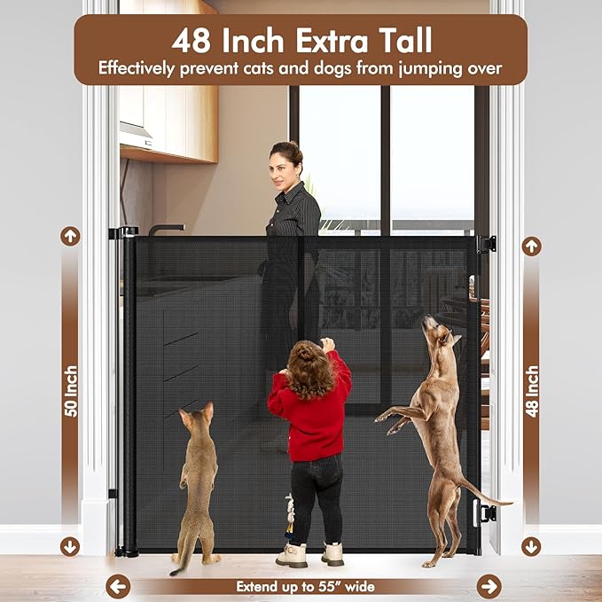 Reinforced 48" Extra Tall Pet Gate with Support Rods, 4 Ft Tall Retractable Baby Gates for Doorways 55" Wide Mesh Dog Gate Indoor Outdoor - Prevent Baby/Pet from Jumping Over, Black