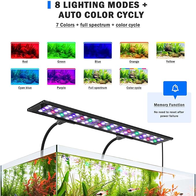 AQQA LED Aquarium Light, 24/7 Mode Clip on Fish Tank Light with Memory Function, DIY Mode Full Spectrum Aquarium Plant Light, Adjustable Timer/Brightness, IP68 Waterproof for 32-40 Inch Fish Tank 30W
