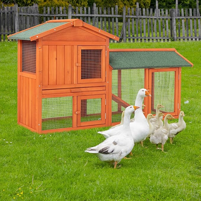 61” Large Rabbit Hutch with Outdoor Run, 2 Layer A-Frame Bunny Cage for Garden, Wooden Small Animal House with Removable Tray & Waterproof Roof