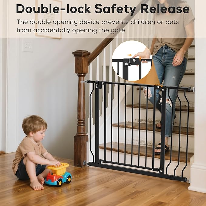 29-43" Baby Gate for Stairs, Baby Safety Essentials, Auto Close Gate for Doorways, Easy Install Pressure Mounted Dog Gate Indoor, Pet Gates for Dogs, Black