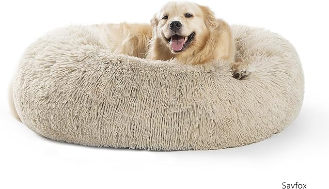 SAVFOX 36 inches Calming Donut Dog Bed - 3X Durable Plush Faux Fur, Machine Washable & Non-Slip, Fits up to 100 lbs, Beige