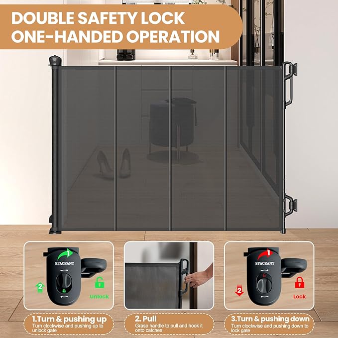 Spaceany Reinforced Retractable Baby Gate or Mesh Dog Gate,Easy to Use for Stairs, Doorways, Hallways, Indoor, Outdoor, Wide Pet Gate 33.5" Tall, Extends to 45" Wide, Black