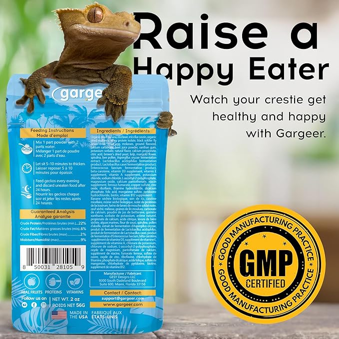 Gargeer 2oz Complete Crested Gecko Food Diet. Premium Mix, Ready to Use Freshly Made Powder. Unique Formula, Developed & Made in the USA. Enjoy! (Mulberry + Insects Protein)