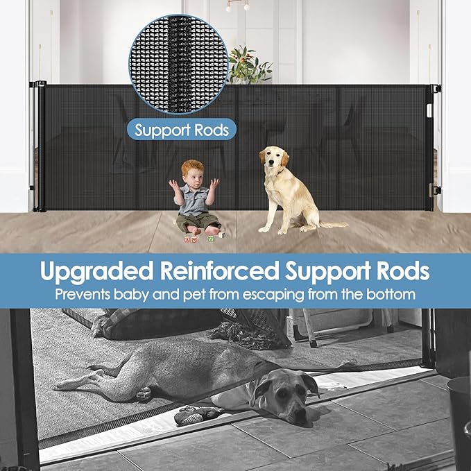 Reinforced 75” Wide Retractable Baby Gates with Support Rods, Retractable Dog Gate for The House Extra Wide Mesh Pet Gate Indoor Outdoor Child Gates for Doorways Stair Gates for Kids or Pets (Black)