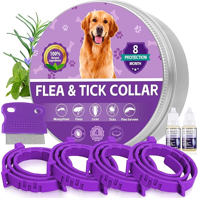 4 Pack Flea Collar for Dogs, 25 inch Adjustable Flea & Tick Prevention Collars with Comb for Small Medium and Large Dog, Waterproof Flea Control Collar Safe for All Breeds, Purple