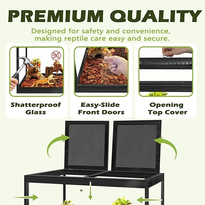 PROLEE Reptile Tank, 31 Gallon Beard Dragon Tank, Tempered Glass Reptile Encloure and Snake Tank with Locking Design for Lizard,Gecko,Chameleon (24"X15.5"X15.5",Black)
