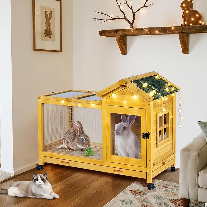 Outdoor Wooden Rabbit Cage:Rabbit Hutch Indoor, Bunny Hutch with Leak-Proof Pull Out Tray&Hideout, Small Animal Cage for Rabbits, Large Guinea Pigs, Portable Habitat with Lockable Wheels