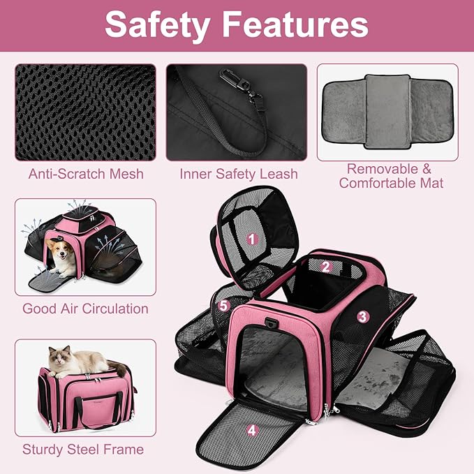 Airline Approved Pet Carrier with Wheels, Top & Side Expandable Soft-Sided Bag, 18x11x11 inches Fits Under Seat for Small Dogs Cats, Double-Sided Mat & ID Card for Travel Vet Visits Camping