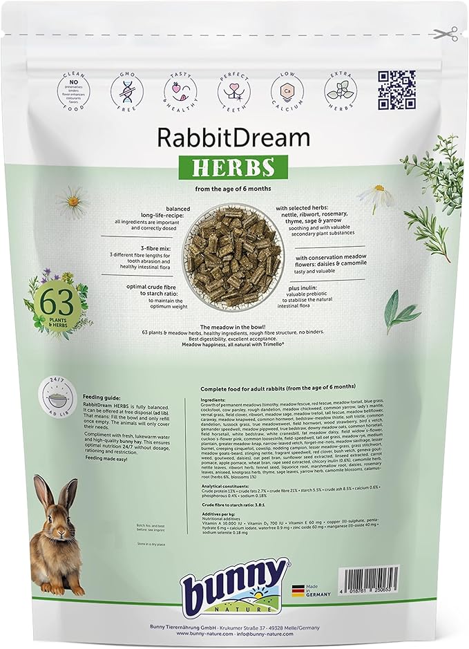 Bunny Nature RabbitDream Herbs (3.3 lbs) - Natural Adult Rabbit Food with 63 Meadow Plants & Herbs for Digestion, Dental Health & Immunity - No Sugar