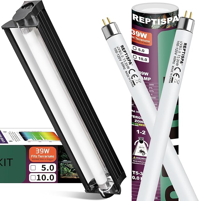 T5 HO UVB Lighting Combo Kit, 39W Reptile Light Fixture with Fluorescent Light Bulbs, Desert 10.0 UVB Light for Reptiles and Amphibians, Basking Light for Bearded Dragon, High Output Natural Light