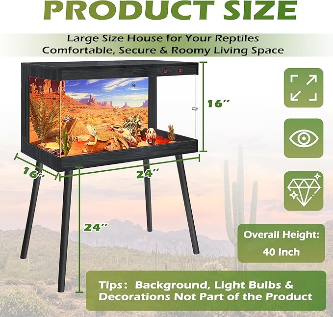 Royxen Bearded Dragon Tank, 31 Gallon Reptile Tank with Leg Stand,Built-in Lighting Reptile Enclosure, Tempered Glass Bearded Dragon Encloure for Chameleon (Black,24"x 16"x 16")