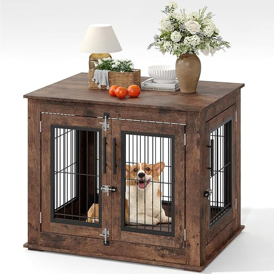 Farmhouse Dog Crate Furniture End Table - Heavy Duty Wooden Kennel Cabinet with Double Doors for Small/Medium Dogs, Rustic Brown Indoor Dog House Furniture Console for Living Room