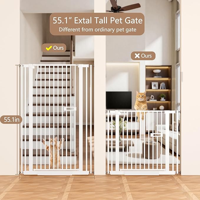 55.1" Extra Tall Dog Gate Indoor for Doorways, 30.1-33.8" Wide Cat Pet Gate for Stairs, 1.37" Gap No Drilling Auto Close High Pressure Mounted for Kitchen/Hallways, White