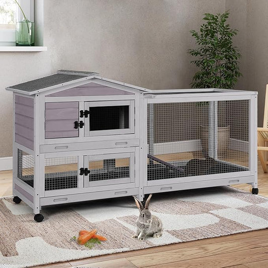 Suumerpety Indoor Rabbit Hutch with Pull-Out Tray, Weatherproof Rabbit Cage for Outdoor/Indoor Use, Bunny Hutch Chicken Coop with Run (Grey)