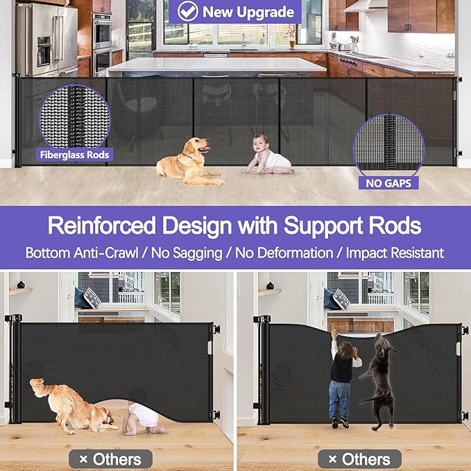 Reinforced 42 Inch Extra Tall Pet Gate with Support Rods, 96" Wide Retractable Baby Gate, Prevent Crawling Under Extra Tall Retractable Dog Gate Indoor Retractable Gate Outdoor Gates for Decks, Black