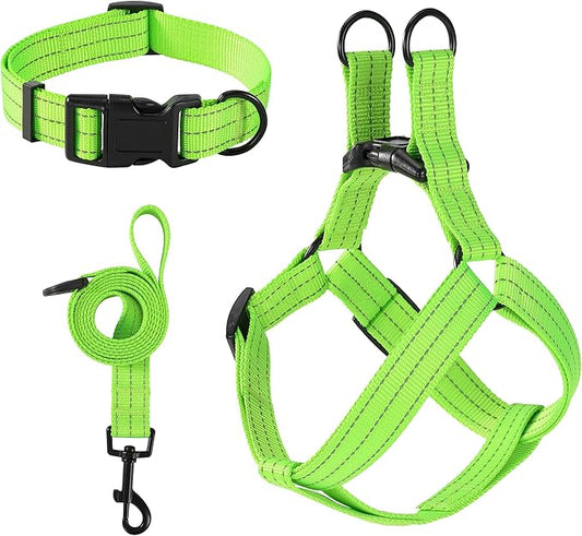 Mile High Life Night Reflective Double Adjustable Band Nylon Small Puppy Pet Dog Combo Collar Leash and Harness Set (Reflective Solid Lime Green, Large (Pack of 3))