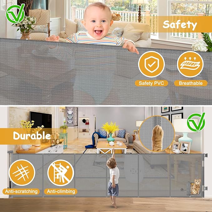 Reinforced 150 Inch Extra Wide Dog Gate with Cat Door 12.5 Ft Extra Long Baby Gates for Large Openings 33” Tall Retractable Pet Gates for Wide Openings Large Pet Gate with Cat Door, Gray