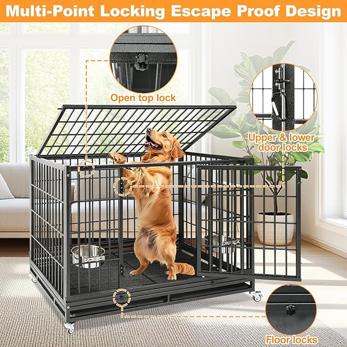 Homey Pet Heavy Duty Dog Crates for Large Dogs, 47 Inch Stackable Large Dog Crate Cage with 4 Wheels, 2 Removable Trays and Grids, 2 Bowls, Multi Locks Strong & Solid Escape Proof Dogs Kennel Indoor