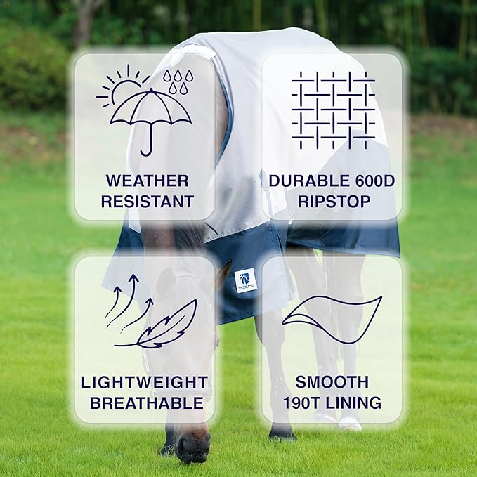 Horse Turnout Rain Sheet | 600 Denier Ripstop Turnout Blanket No Fill (0g) | Waterproof Lightweight Breathable | Tear-Resistant Outer & Rub-Free Silky Inner | Grey/Navy - 80 in