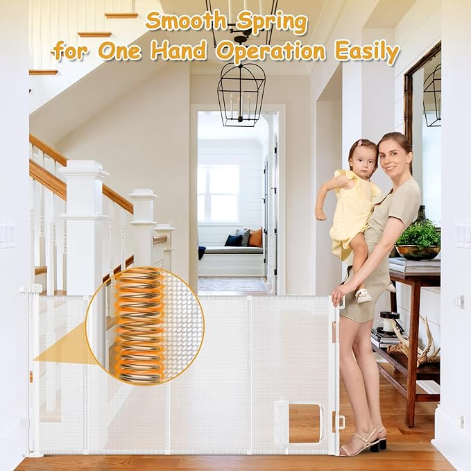 Reinforced 90” Extra Wide Retractable Baby Gate with Cat Door 33 Inch Tall Retractable Gates for Dogs Indoor with Door 7.5 Ft Extra Long Baby Gates for Large Openings Mesh Pet Gate Indoor, White