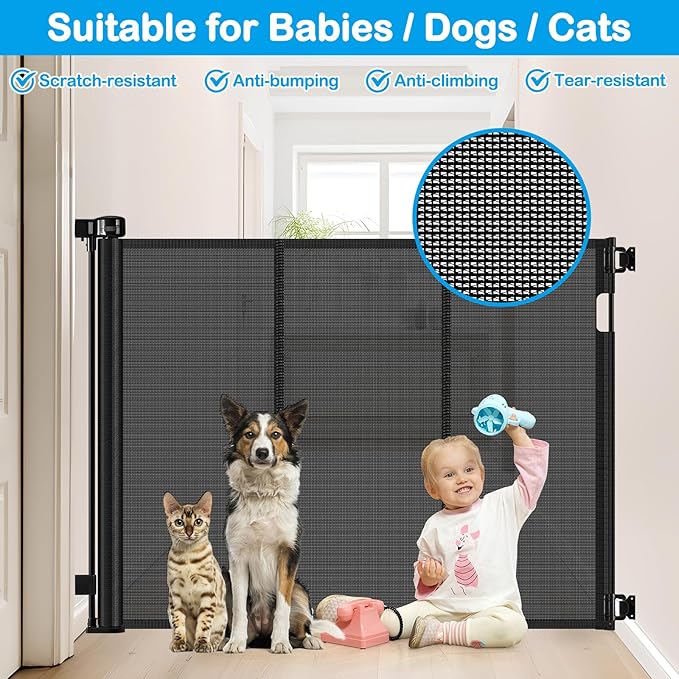 Reinforced 42" Tall X 80" Wide Retractable Dog Gate for Hallway Extra Tall Baby Gates for Dogs Indoor High Reinforced Bar Retractable Baby Gates for Doorways Extra Wide Pet Gate Outdoor, Black
